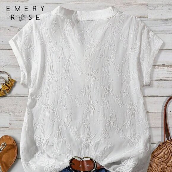 EMERY ROSE Women's Floral Jacquard V-Neck Short Sleeve Casual Shirt Summer Top - Picture 2 of 5